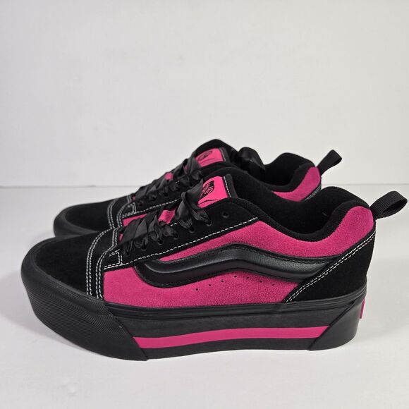 VANS Knu Skool Skate Platform Stacked Womens  8.5 Black Pink Satin Skate Shoes - Picture 1 of 7